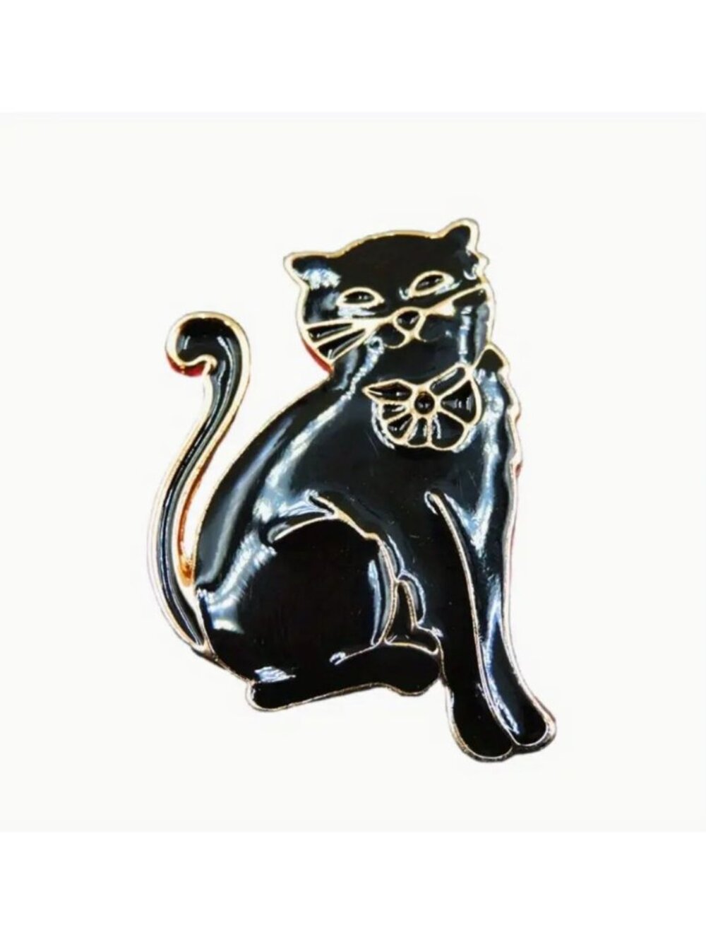 Black Enamel Cat Brooch Gold Tone